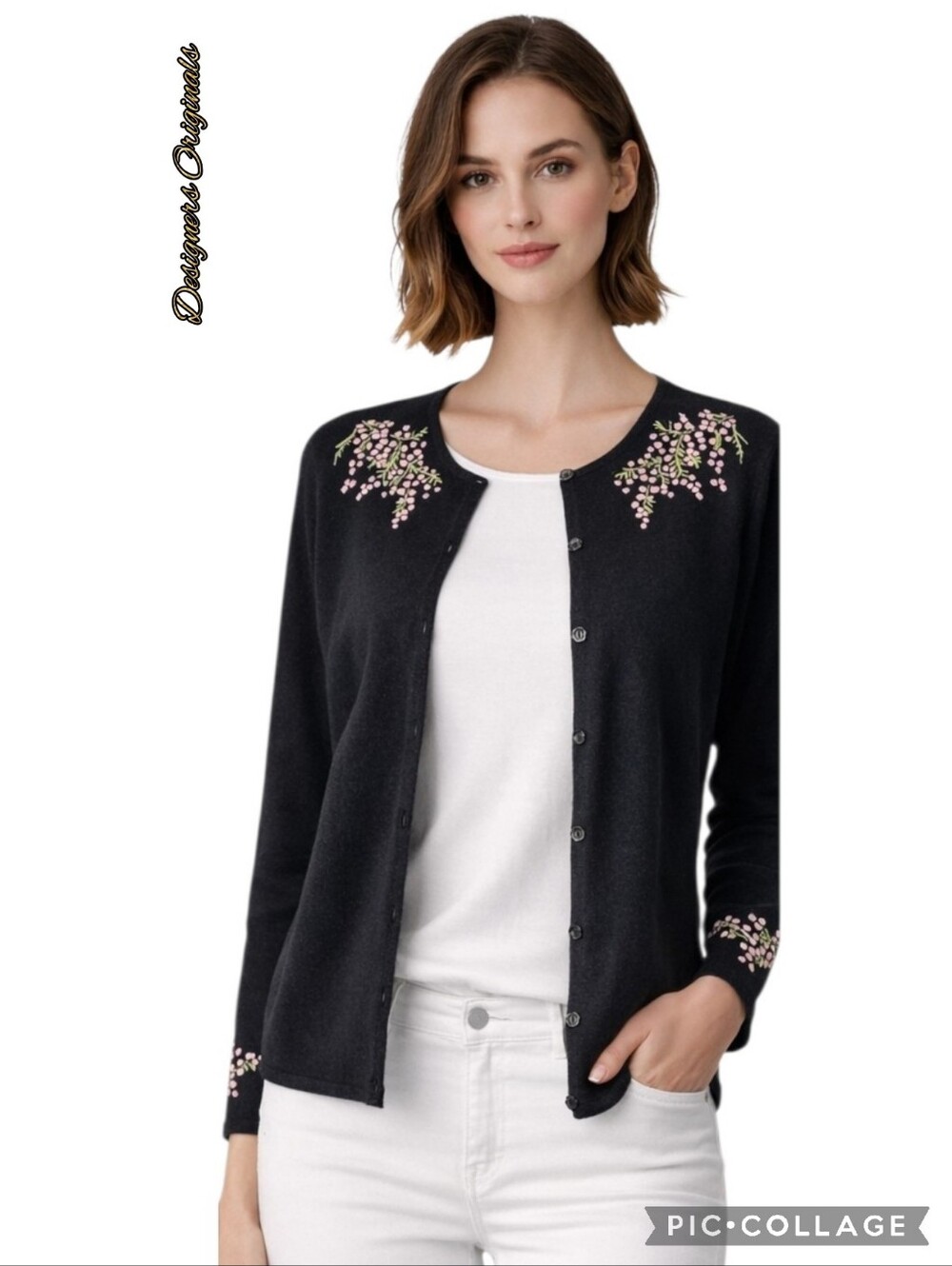 Designers Orignals cardigan sweater black knit button floral embroidered lrg